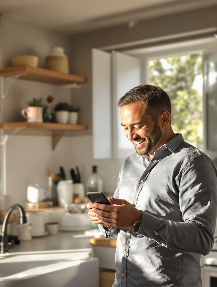 A customer at home, asking an AI on their phone who to call